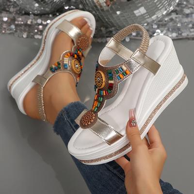 Damen Sandalen Böhmischer Stil Dicke Sohle Keilsandalen Damen Sommer Retro Klobige Plateau-Sandalen Übergröße Strandschuhe Frau