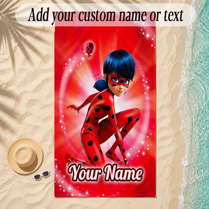 Strandtuch Miraculous Ladybug Benutzerdefinierter Name Text Personalisierbares Weiches Handtuch für Strand Pool Innen Hausdekoration Geschenk