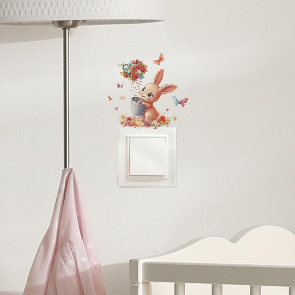 Switch Plate Stickers Cute Rabbit Flower Cartoon Wall Decor for Living Room Bedroom Self Adhesive Peel and Stick Removable Waterproof