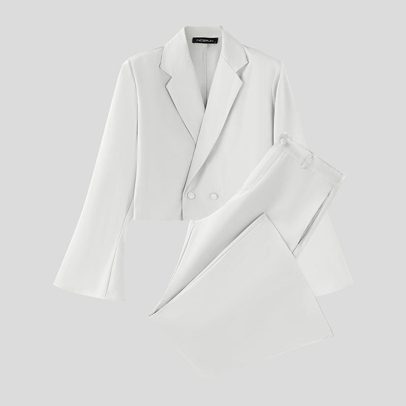 INCERUN Two Pieces Outfits Men Lapel Long Sleeve Cropped Blazer Long Flare Pants Sets