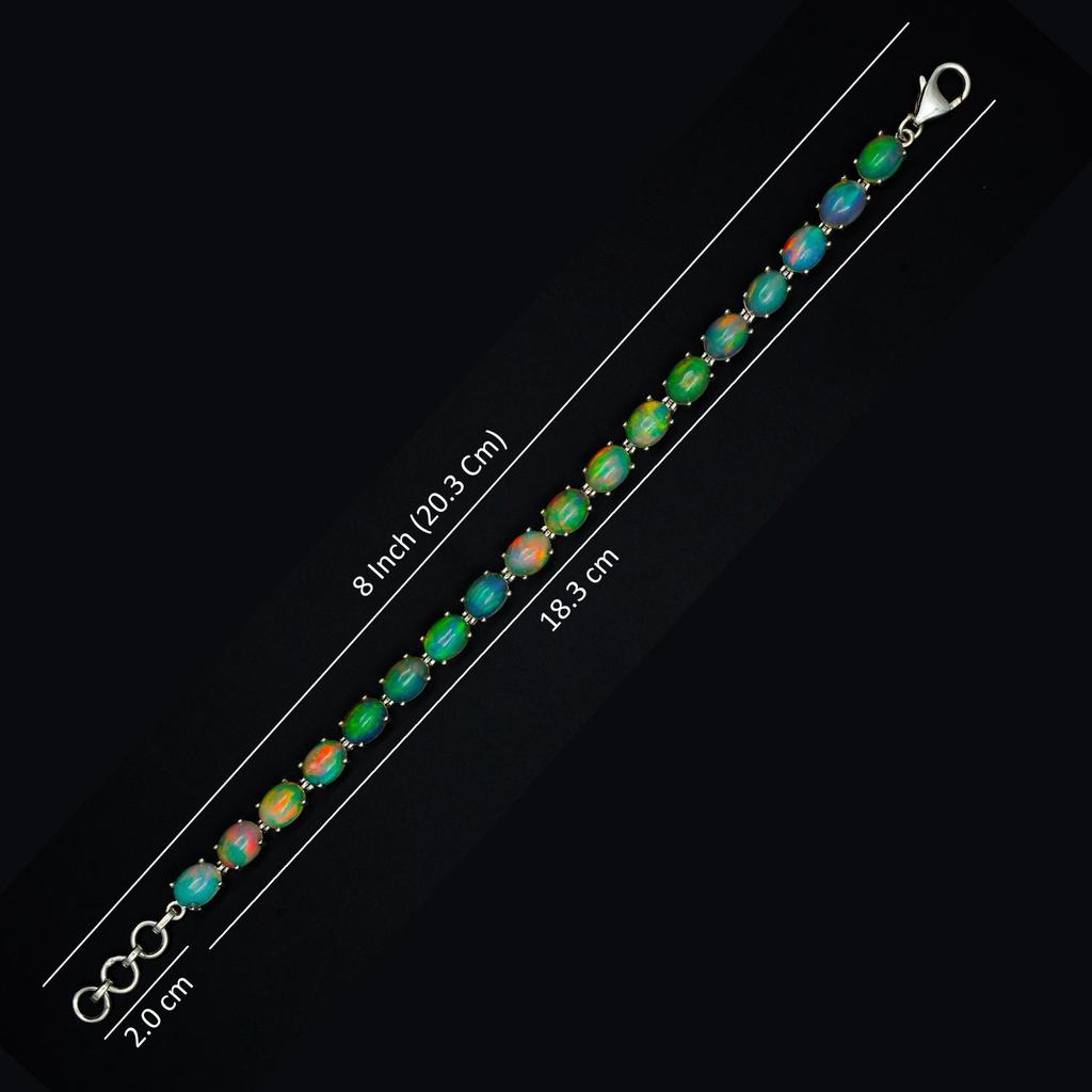 Sterling Silver Ethiopian Opal Tennis Bracelet - Genuine Fire Opal Rainbow Colors | 925 Silver Oval Stone Link Bracelet