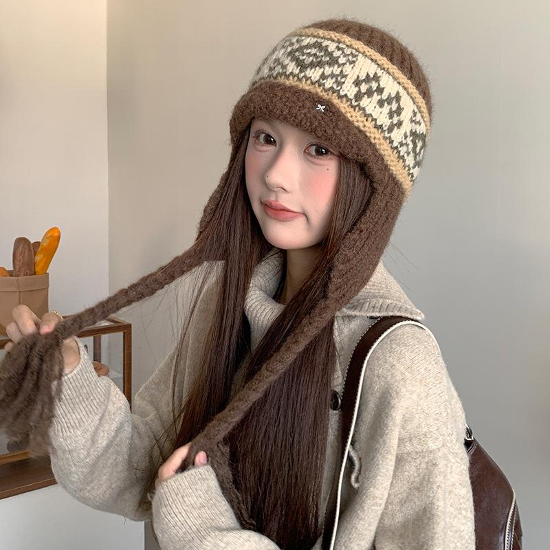 Fair Isle Knitted Hat Women's Autumn and Winter Thickened Warm Woolen Hat Outdoor Travel Cold Protection Ear Protection Lei Feng Hat Trend