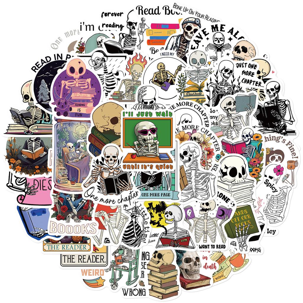 50 Skeleton Reading Books Graffiti Stickers Decorate Suitcase DIY Personalized Waterproof Stickers