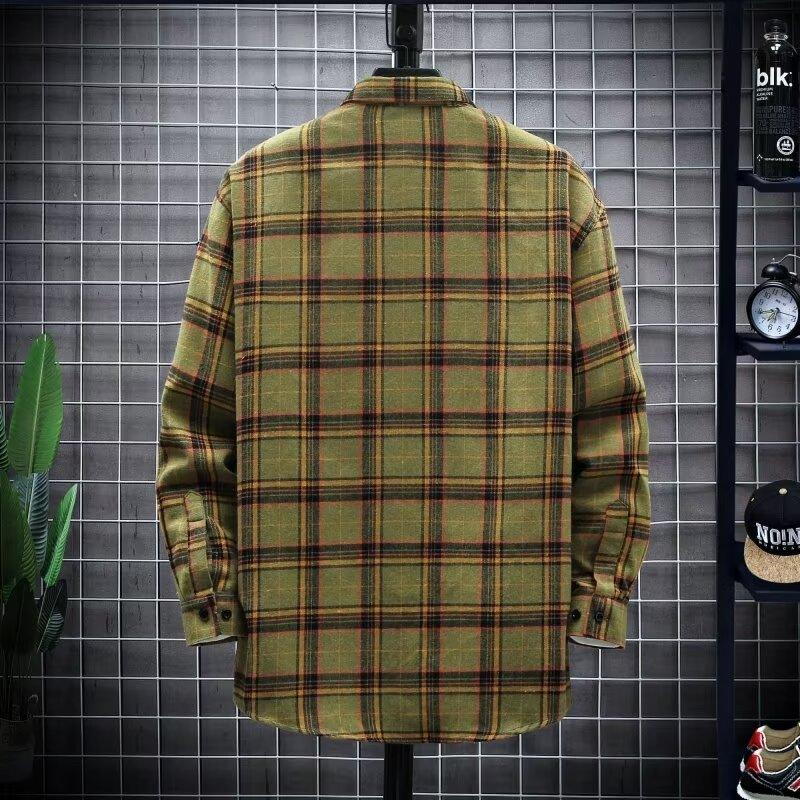 Retro rutete skjorte for menn i Hong Kong-stil Casual Cardigan-topp Langermet jakkeslagsskjorte