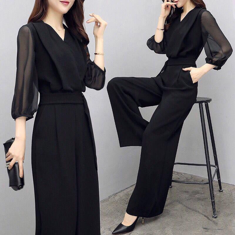 

Spring Summer High-waist Jumpsuit Black Quarter-sleeved Slim Temperament Wide-leg Jumpsuit Set for Women S чёрный