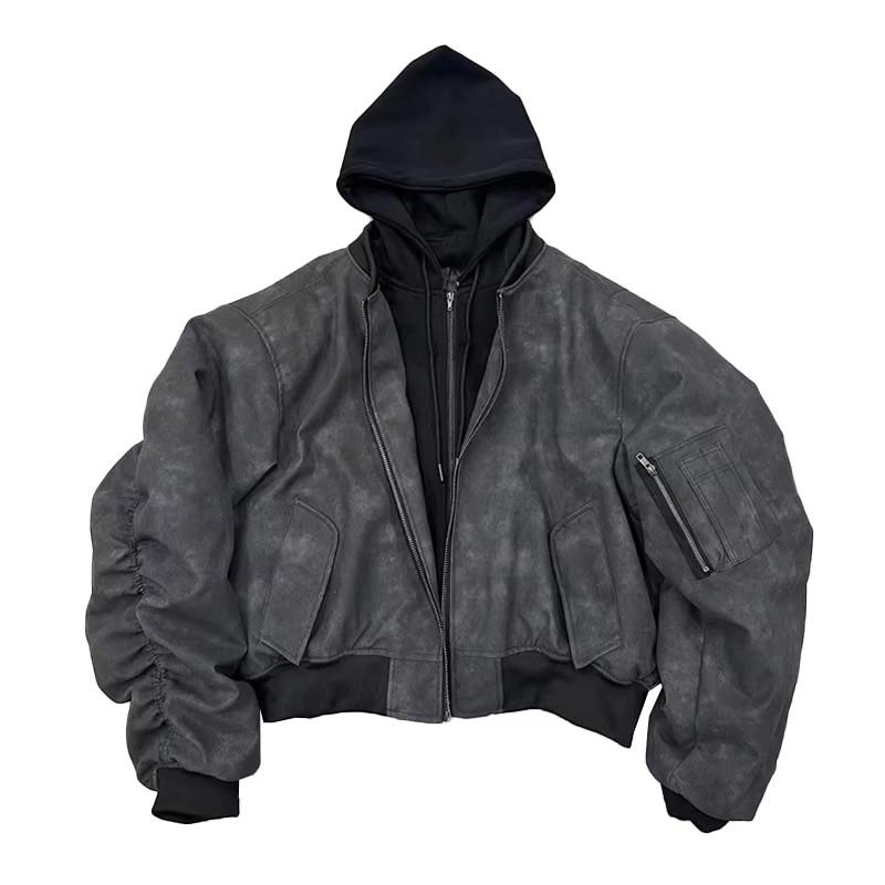 Y2k Oversized Vintage Μαύρο Δερμάτινο Σακάκι από Ψηλό Δέρμα Ανδρικό Φερμουάρ Ψεύτικο 2 Τεμαχίων Πολυτελή Ρούχα Σχεδιαστή Μπλούζα με Κουκούλα