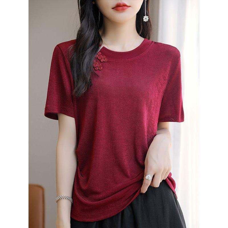 Chinese Style Modified Round Neck Thin Sweater Short-sleeved Women's National Trend Tandem Ice Silk Slit Top Fashionable Versatile T-shirt