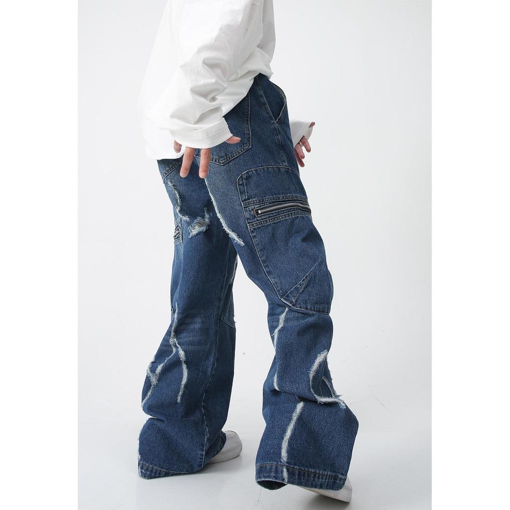 Jeans holgados con cremallera para primavera y otoño, estilo hip-hop workwear, con bolsillos grandes y corte de pierna ancha y tiro medio