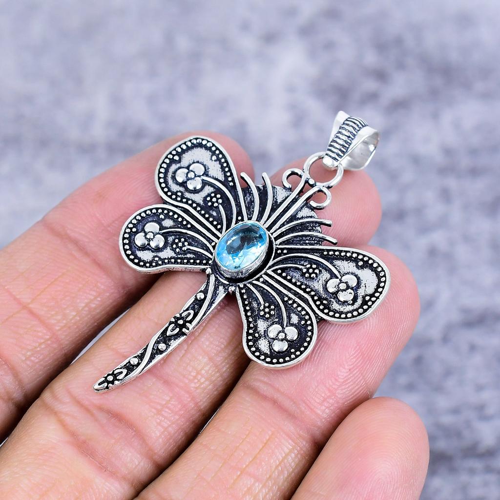 Swiss Blue Topaz Gemstone 925 Sterling Silver Jewelry Pendant 2.17" M-2688