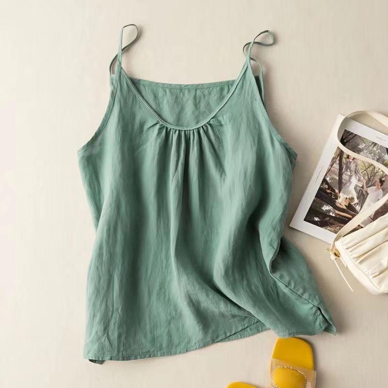 Summer Camisole Women's Cotton and Linen Solid Color Retro Thin Loose Short Top