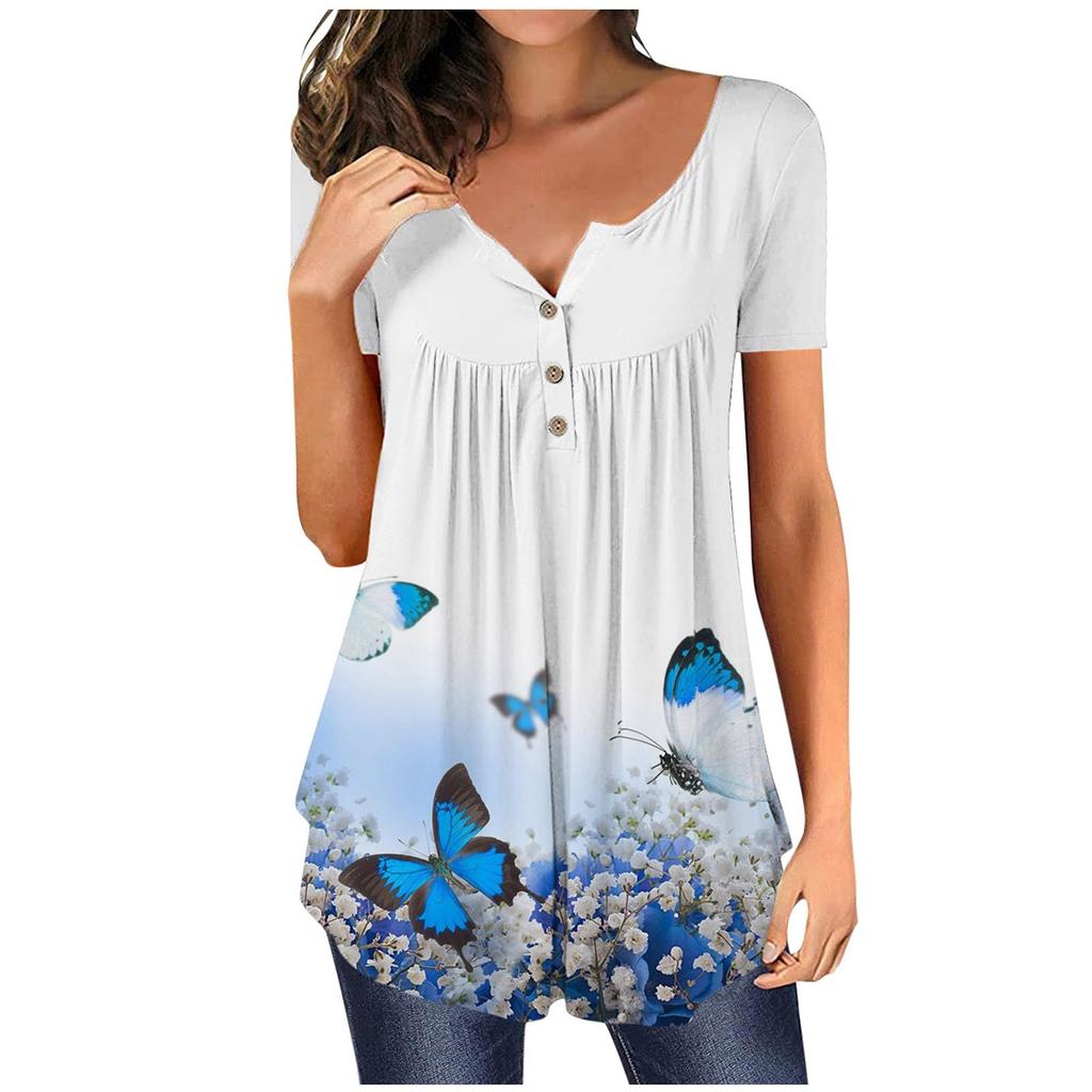 Women's Summer Short Sleeve Round  Neck Top Floral Butterfly Print Top