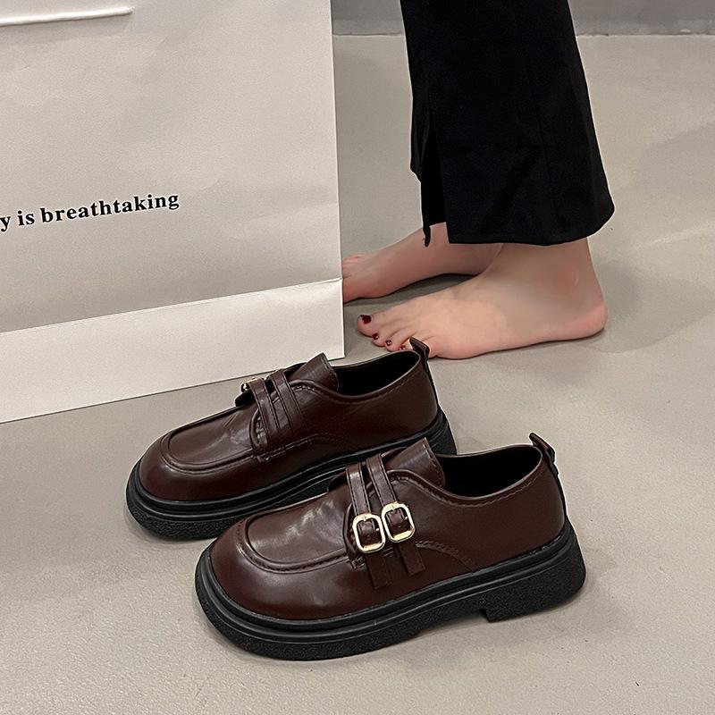 

Обувь Женская 2025 Новая Весна и Осень Черная Платформа Одинарная Обувь Универсальная Маленькая Кожаная Обувь Один Педаль 40 коричневый