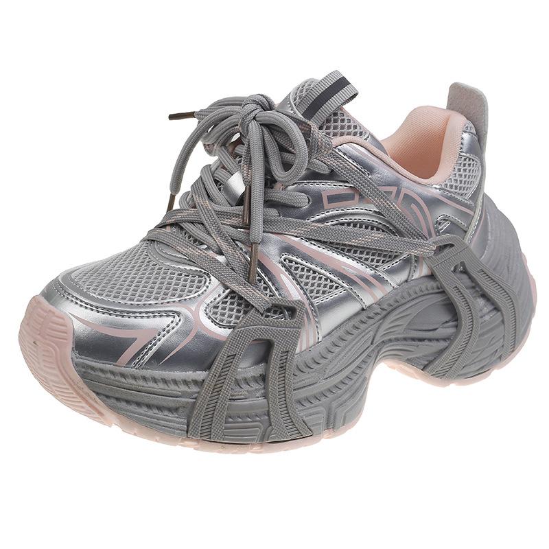 2025 early spring new casual platform women's shoes leather round head lace-up dad shoes women's height increase versatile women's single shoes