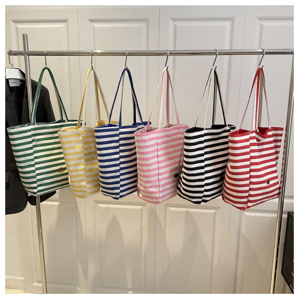 Letter Stripe Canvas Bag Striped Tote Bag Simple Cloth Shoulder Bag  Girls