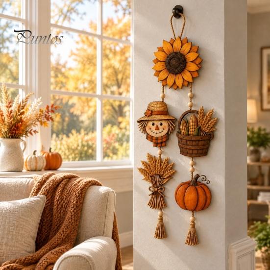 Seasonal Holiday Party Supplies Autumn Harvest Wooden Hanging Sign, Rustic Farmhouse Door Sign with Tassels and Wood Beads, Decorative Wheat Ear Corn