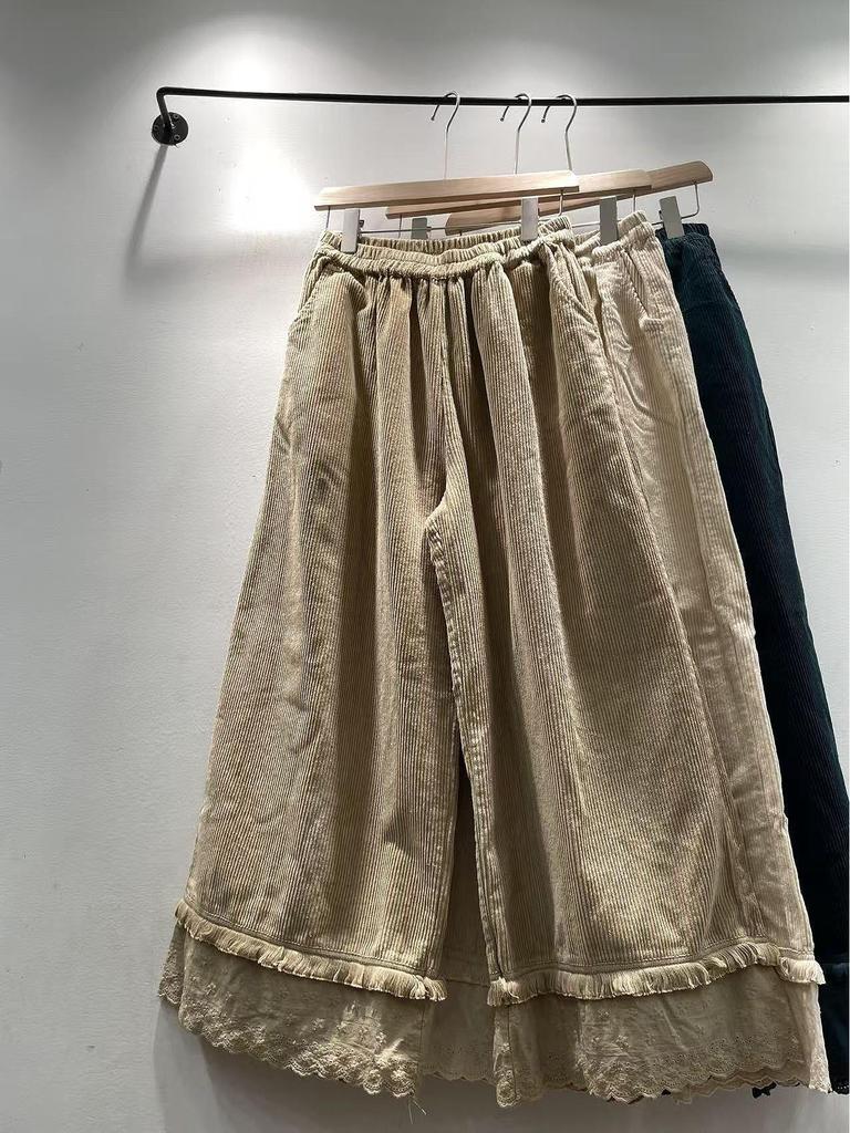 Autumn/Winter Mori Girl Style Women's Corduroy Wide-Leg Pants with Elastic Waistband and Lace Hem