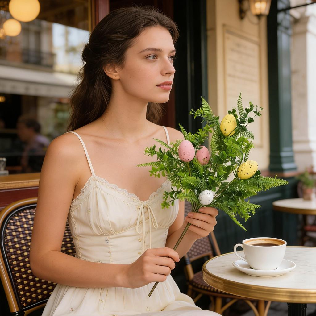 Easter Egg Branch With Foam Speckled Eggs, Festive Green Plant Decoration, Artificial Single Egg Branch.