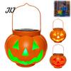Weather Resistant Patio Lanterns Halloween Pumpkin Solar Lantern, Waterproof Outdoor Hanging Light, Orange Decorative Resin Lamps Spooky Face Lantern