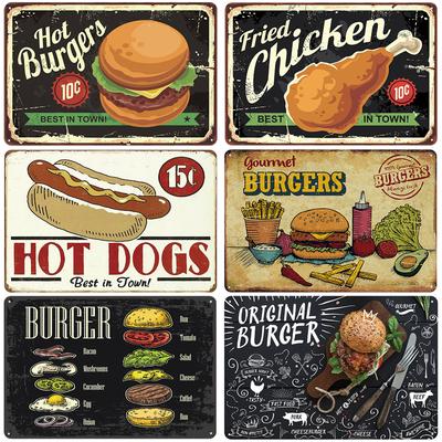 Πινακίδα Μεταλλική Λαμαρίνα 'Hot Burgers' Αφίσα Βίντατζ Κοτόπουλο Τηγανητό Ρετρό Πιάτο Διακόσμηση Τοίχου για Κουζίνα Εστιατόριο Κατάστημα