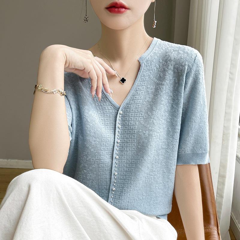 Damen Sommer Neu Kurzarm Eisseide T-Shirt V-Ausschnitt Perlen Yang Temperament Shirt Vielseitige Ajour Häkelstrickware