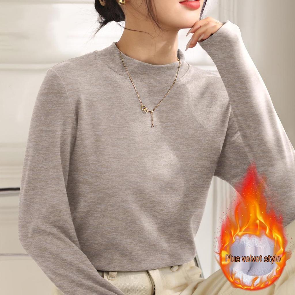 2026 Women's Fleece-Lined Slim Fit T-Shirt: Simple Round Neck Base Layer for Spring, Autumn, Winter