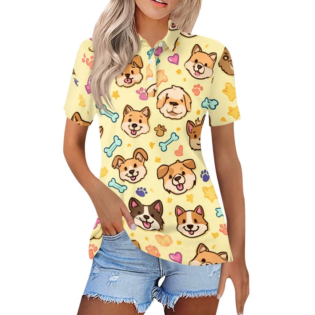 Women's Casual Short Sleeve Shirt with Print - Button Front Top with Side Slits