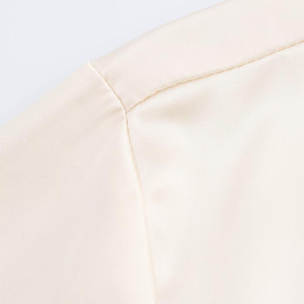 Women's Spring 2025 Silk Satin Long-Sleeve Shirt with Turn-Down Collar