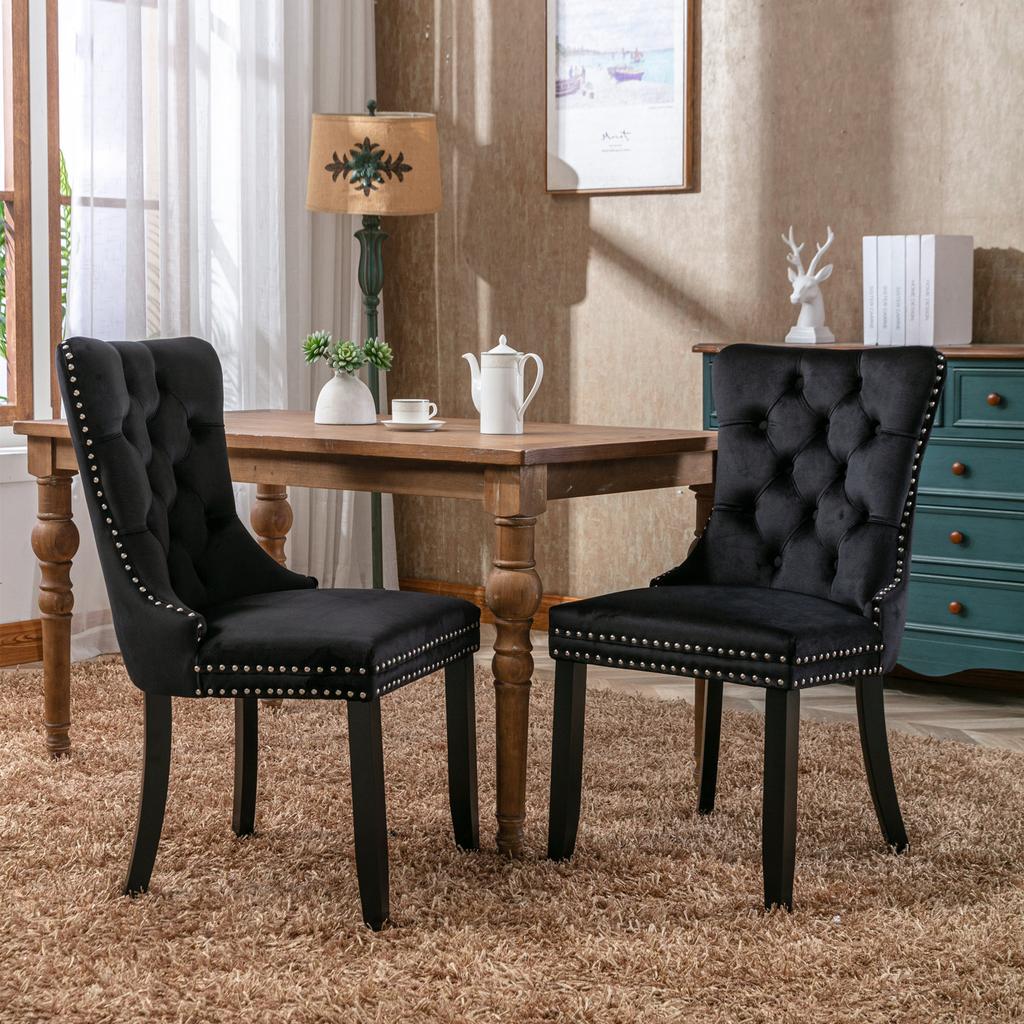 Nikki Collection Hochwertiger getufteter Massivholz Moderner Samtbezogener Esszimmerstuhl mit Holzbeinen Nagelkopfverzierungen 2er-Set, Schwarz, DE2001BK