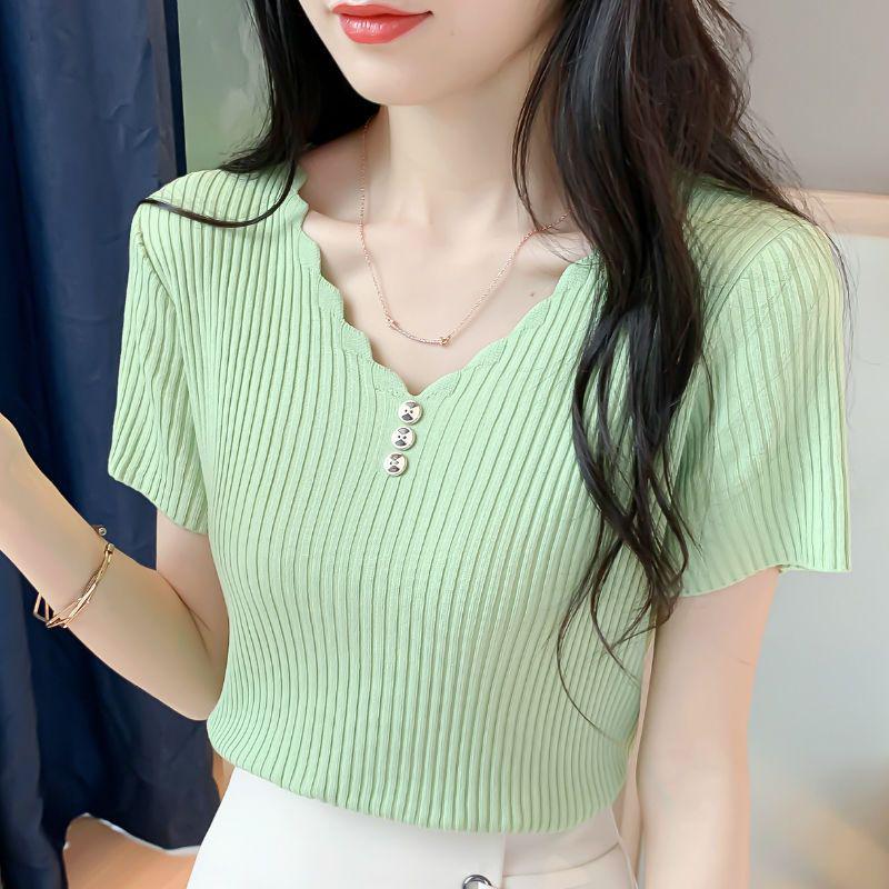Women's Ice Silk V-Neck Button Knit T-Shirt - 2026 Summer Loose Korean Style Short Sleeve Top