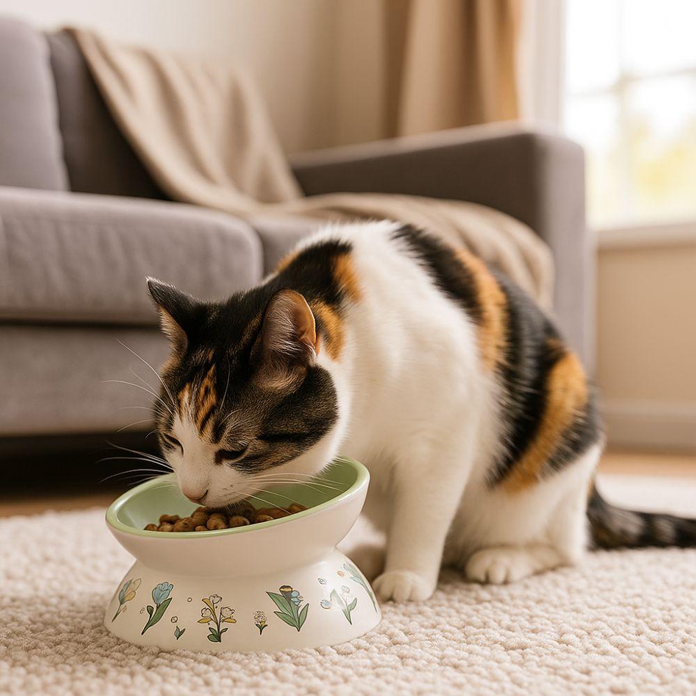 Green Rabbit Ceramic Cat Bowl Non-Slip Diagonal Pet Feeding Bowl Flower Pattern Water Bowl Cervical Vertebra Protection