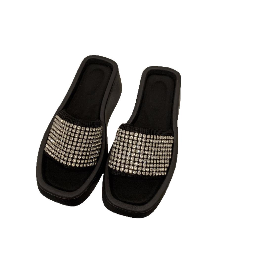 Muffin thick-soled high-end rhinestone slippers women's shoes 2025 new summer sandals heightening sandals