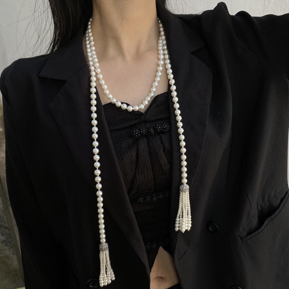 Exaggerate Pearl Beaded Necklace Tassel Multilayer Necklace Temperament Waistband  Women