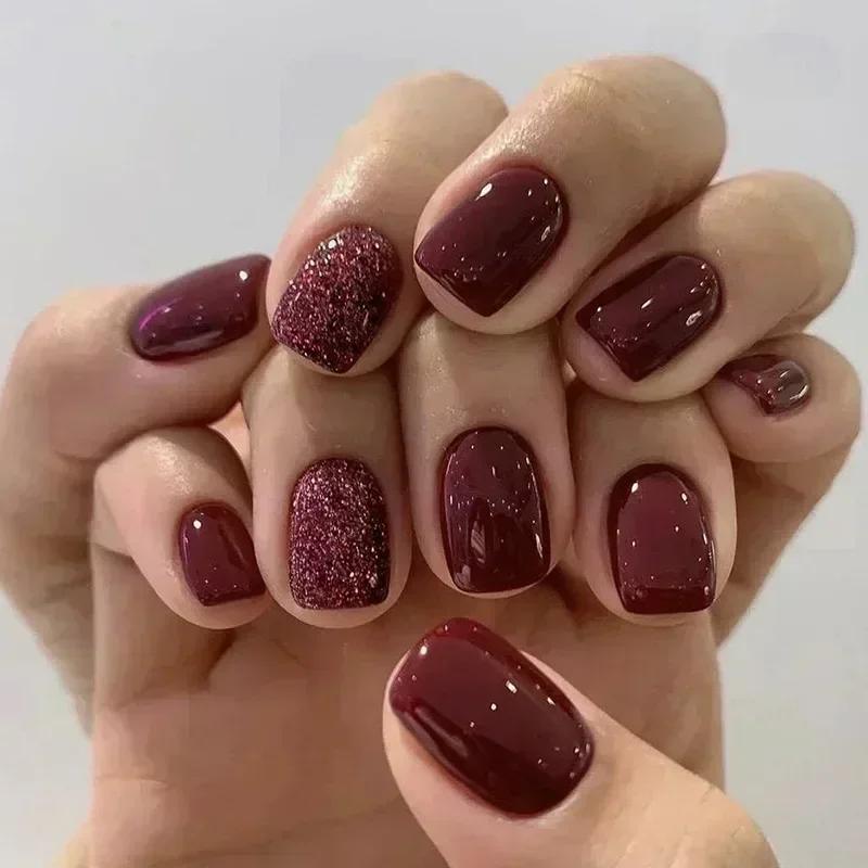 24Pcs Medium Short Square White Silver Glitter French Tip Press On Nails Full Cover Fake Nail Art Tips