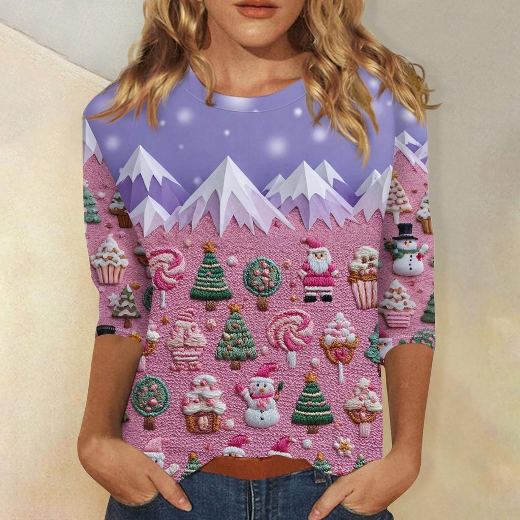 Damska modna i codzienna bluzka z rękawem trzy czwarte, z okrągłym dekoltem i nadrukiem świątecznym