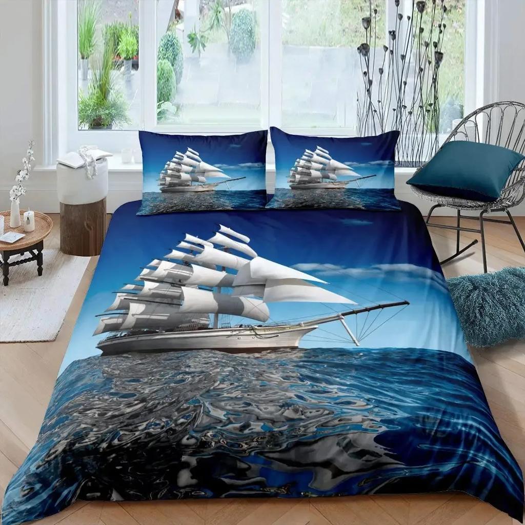 Segelboot Bettbezug Set Maritimes Bettwäsche Set Segelschiff Bettbezug Holzboot Piratenyacht Abenteuer Thema Quiltbezug