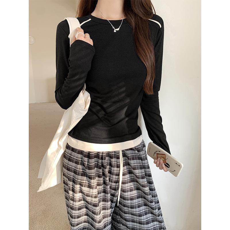Fake Two Basic Models with Long-sleeved T-shirts for Women, Sweet Girls, Contrasting Colors, Slimming, New Autumn Bottoming Tops