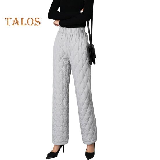 Autumn Winter Cotton Pants Rhombus Quilted Straight Wide Leg Long Pants with Pockets Solid Color Thickened Warm Trousers