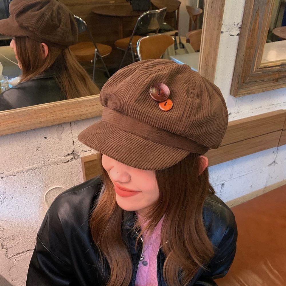 Double Button Corduroy Beret Newspaper Hat For Women Girls Autumn Winter Windproof Warm Octagonal Caps Casual Korean Painter Hat