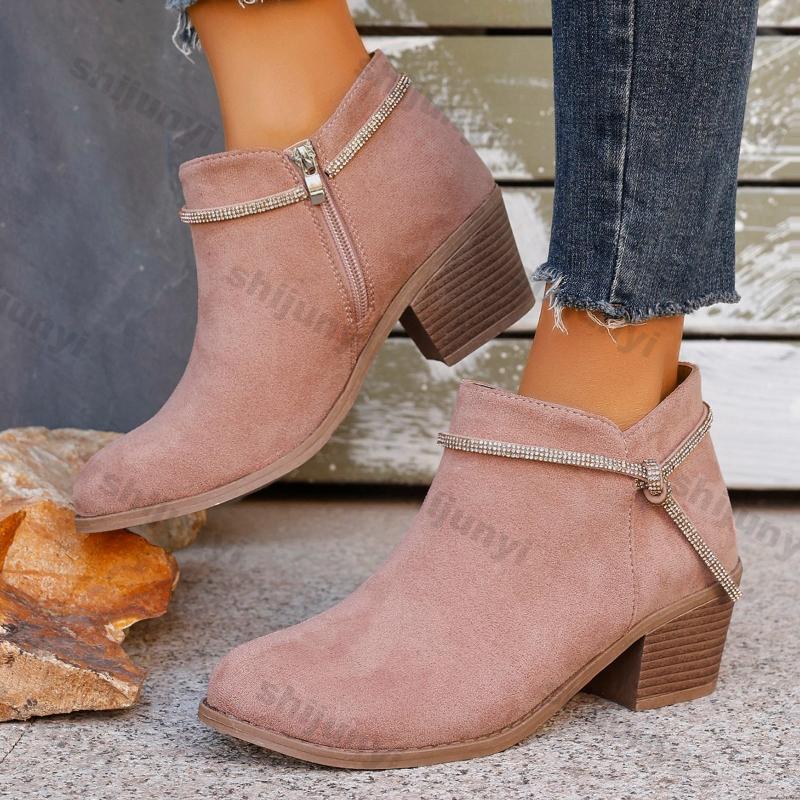 Chunky Western Boots for Women Retro Pointed Toe Thick Heeled Ankle Boots Woman Autumn Winter PU Leather Booties