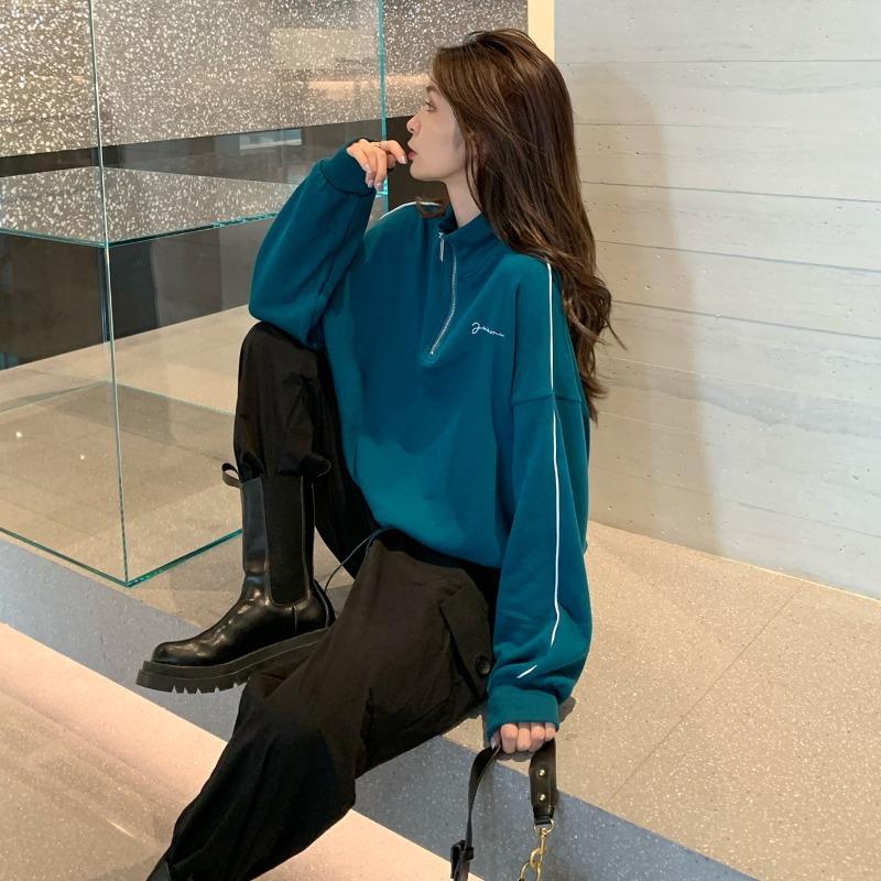 Stehkragen Sweatshirt Damen Herbst neue dünne Mantel lose koreanischen Stil Kordelzug halb Reißverschluss kurze Top Damen trendy