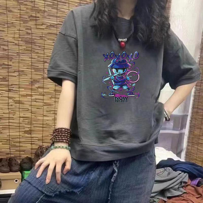 

Women s 100% Cotton Casual Short Sleeve Loose Fit T-Shirt with Trendy Print S (under 85 jin) темно-серого