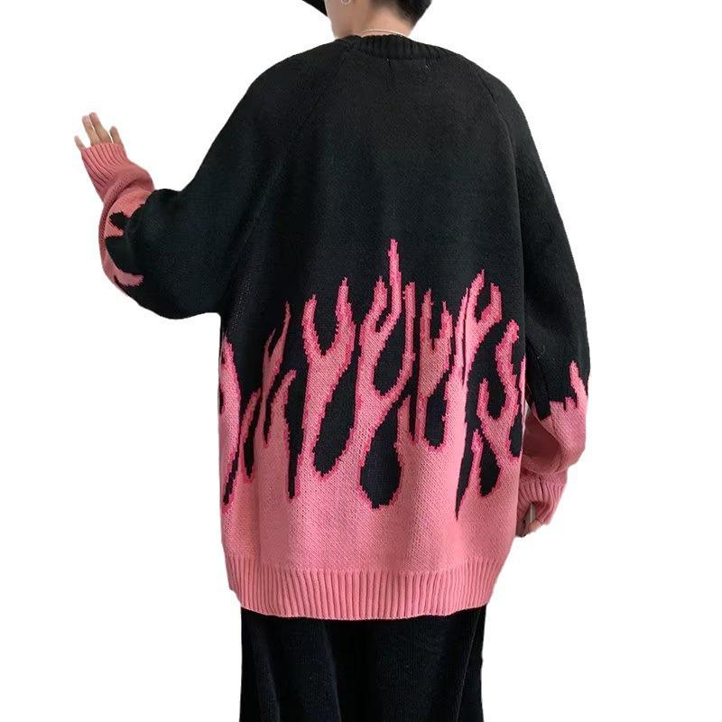 Men's Korean Style Color Block Flame Jacquard Sweater - Fashionable Gradient Loose Fit Knitwear
