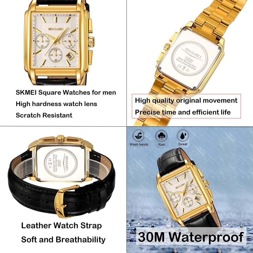 SKMEI Square Watch Black Leather Strap Stylish Arm Watch Chronograph Waterproof Brand Analog Business Casual Watch Luxury Gift Gold White Watch for