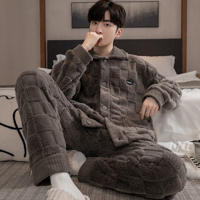 Pajamas Men'S Autumn And Winter Fleece Thickened Long Sleeve Warm Coral Fleece Loungewear Set