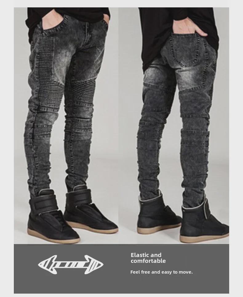 Trendy Slim-Fit Biker Jeans – Stylish Motorcycle Pants with Wrinkled Design for Cross-Border Fashion Enthusiasts