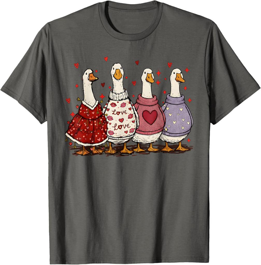 Cute Valentines Day Geese Ducks In Sweaters Graphic T-Shirt Casual Daily Wear