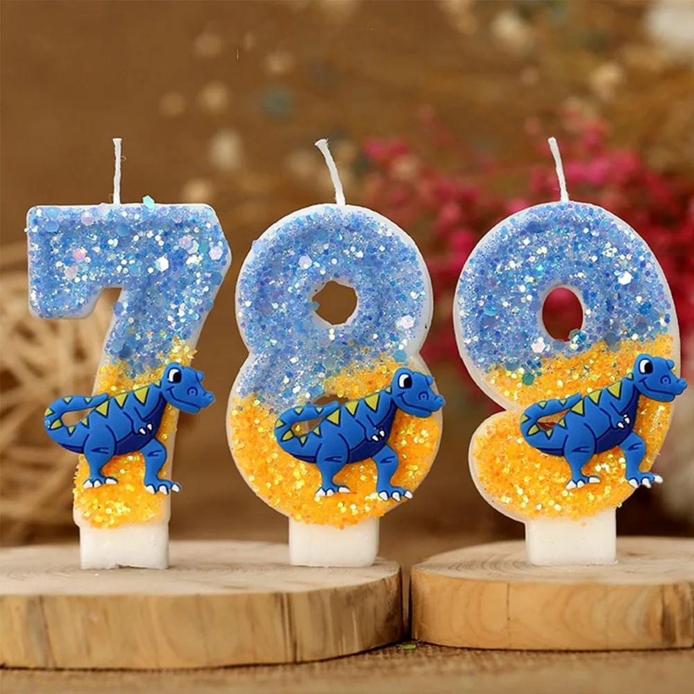 Birthday Number Candles 0-9 Blue Dinosaur Cake Number Candle Decorative Kids Party Candle for Anniversary Party Wedding