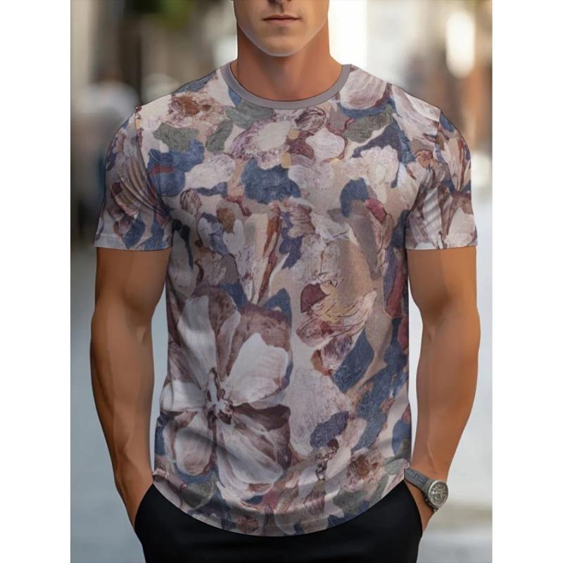 Men s lightweight retro floral print round neck casual short sleeves S