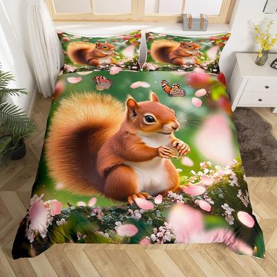 Cute Squirrel Duvet Cover Cherry Blossom Print Bedding Set for Boys Girls Thanksgiving Day Gift Cartoon Squirrel Comforter Cover