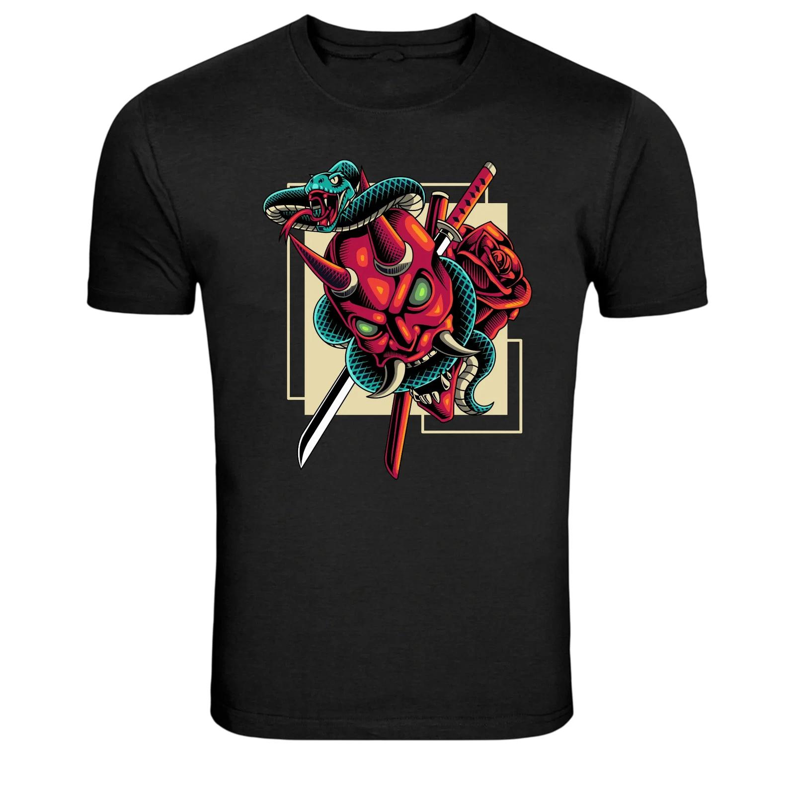 Japanese Oni Mask Snake Katana Samurai Graphic T-Shirt L